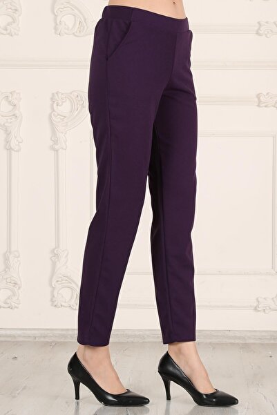 Seamoda Plus Size Women's Casual Elastic Waist Pocketed Crepe Skuba Carrot Cut Women's Elegant Pantalon-purple