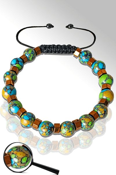 Tesbih Atölyesi Certified Natural Arizona Turquoise Stone Bracelet with Rose Hematite - Adjustable