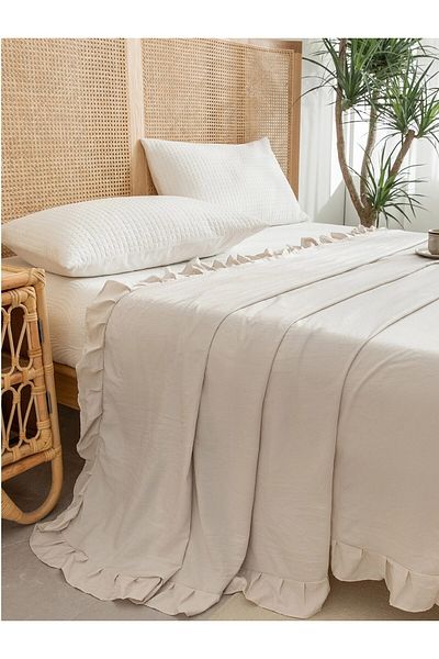 pamukidea 240x220 Cm Double Cotton Buldan Linen Frilly Bedspread