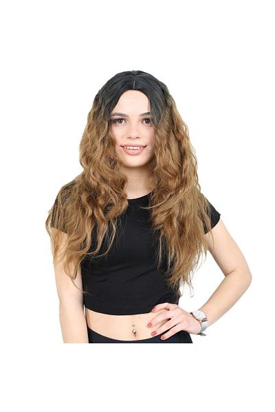 KONAK PERUK Fluffy Wavy Long Fiber Synthetic Wig - Black / Caramel Ombreli