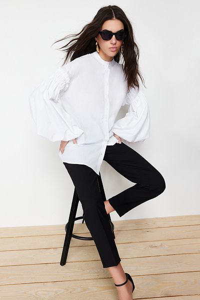 Trendyol Modest Λευκό μπαλόνι μανίκι βαμβακερό πουκάμισο TCTSS24TG00048