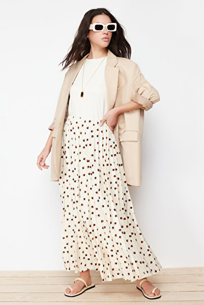 Trendyol Modest Ecru Lined Animal Polka Dot Pleated Woven Skirt TCTSS24EE00011