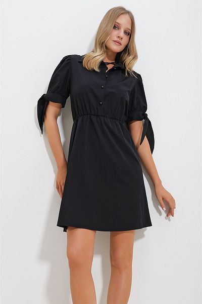 Trend Alaçatı Stili Women's Black Shirt Collar Watermelon Sleeve Poplin Dress ALC-X11612