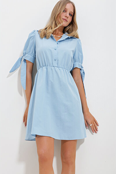 Trend Alaçatı Stili Modré dámske popelínové šaty s golierom s melónovým rukávom ALC-X11612