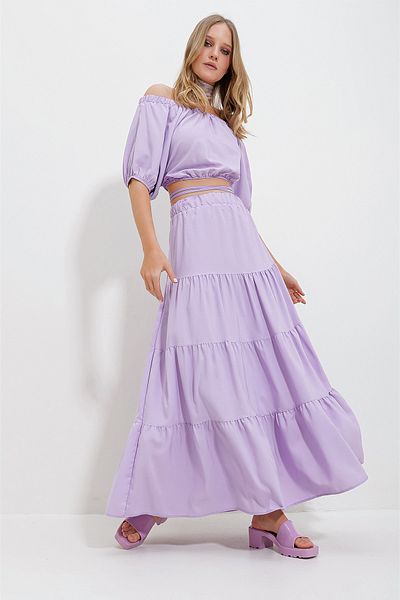 Trend Alaçatı Stili Női lila Madonna gallér Crop blúz összegyűjtött bélelt szoknya Poplin öltöny ALC-X11649