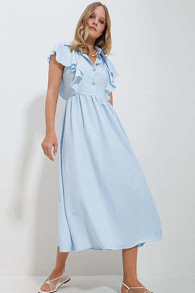 Trend Alaçatı Stili Women's Baby Blue Shirt Collar Half Placket Ruffle Detailed Hidden Zipper Midi Length Dress ALC-X11636