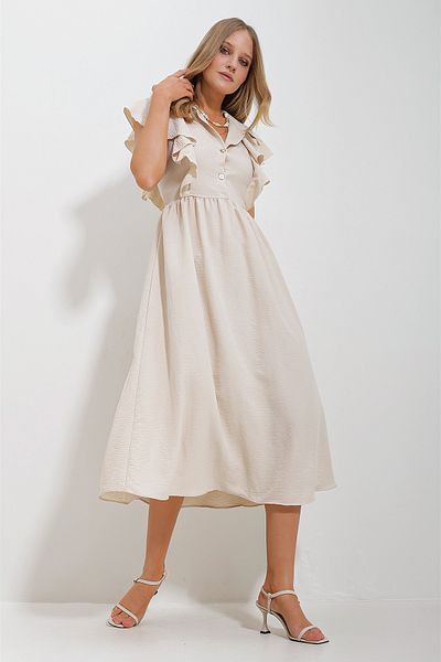 Trend Alaçatı Stili Women's Beige Shirt Collar Half Placket Ruffle Detailed Hidden Zipper Midi Length Dress ALC-X11636