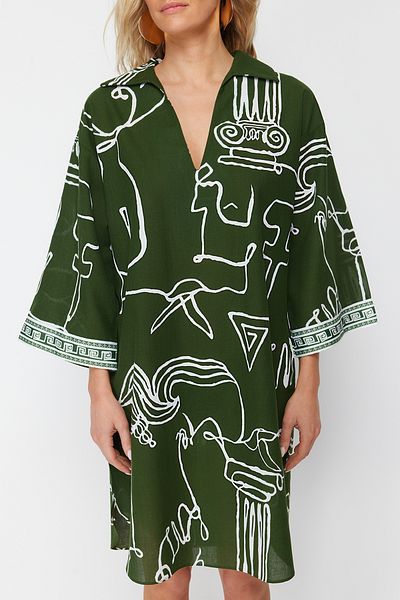 Trendyol Collection Abstract Patterned Wide Fit Midi Woven 100% Cotton Beach Dress TBESS24EL00047
