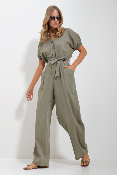 Trend Alaçatı Stili Women's Khaki Buttoned Front Double Pocket Mikanos Linen Jumpsuit ALC-X11626