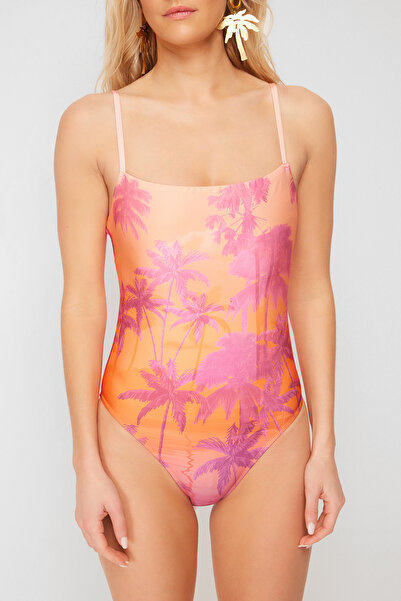 Trendyol Collection Trópusi mintás szögletes galléros normál fürdőruha TBESS24MA00135