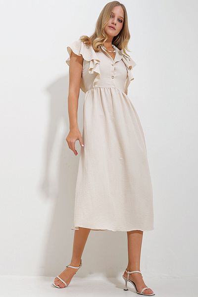 Trend Alaçatı Stili Women's Beige Shirt Collar Half Placket Ruffle Detailed Hidden Zipper Midi Length Dress ALC-X11636