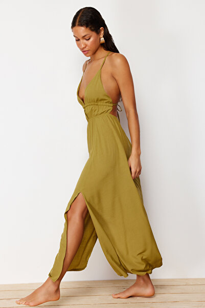 Trendyol Collection Φόρεμα Χακί Maxi Woven Gathered Beach TBESS23EL00063