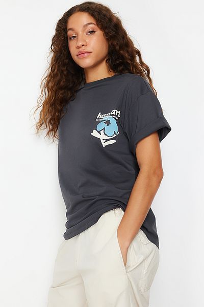 Trendyol Collection Anthracite 100% Cotton Back and Front Oversize/Wide Pattern Knitted T-Shirt TWOSS24TS00056