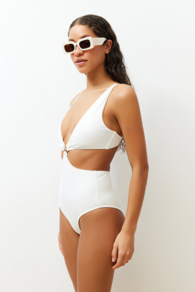 Trendyol Collection Ecru V-Neck Premium Star Accessory Regular Mayokini Tbess24My00011