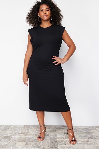 Trendyol Curve Black Crew Neck Midi Length Knitted Plus Size Dress Tbbss24Ah00070