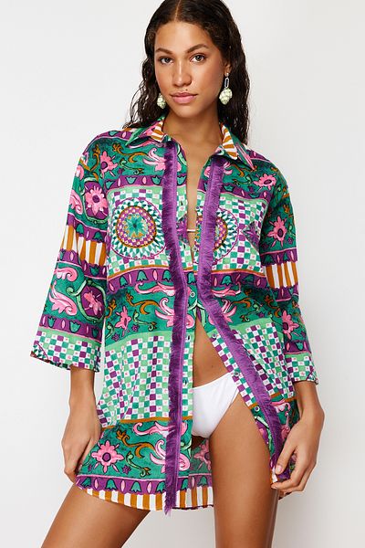 Trendyol Collection Ethnic Patterned Woven Tasseled 100% Cotton Shirt TBESS20GO0163