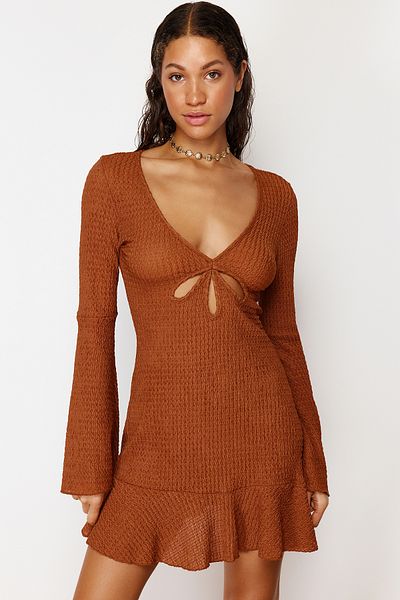 Trendyol Collection Brown Fitted Mini Knitted Ruffled Beach Dress TBESS24EL00003