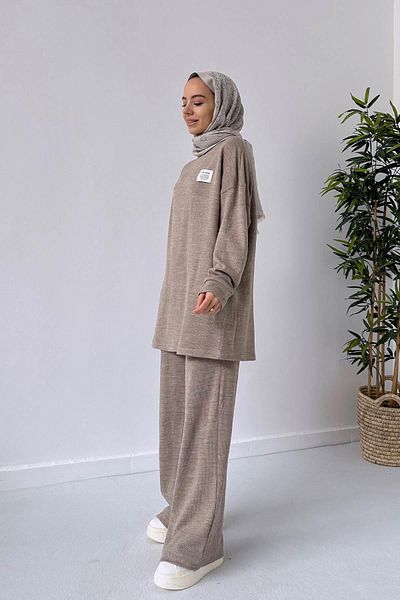 Ka Hijab Wide Leg Knitwear Hijab Set - Mink