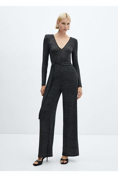 MANGO Woman Belted Glitter Jumpsuit