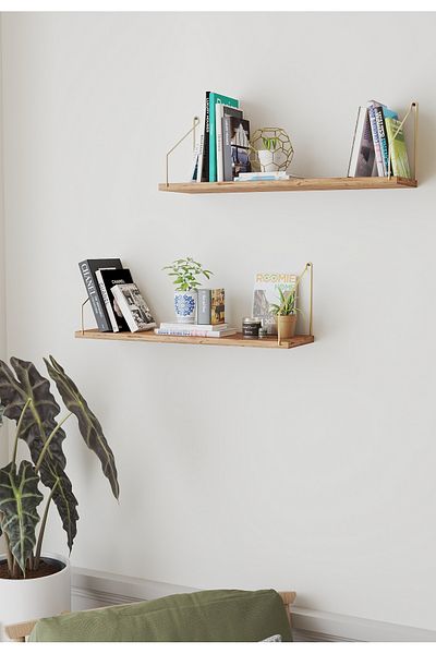 Catchme Wall Shelf Bookshelf Kitchen Bathroom Living Area 20 X 70 cm 2 Pieces Atlantic Pine with Gold Arms