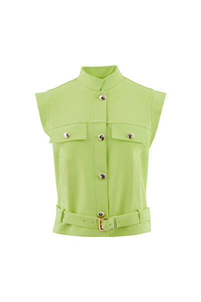 GİZİA Gold Düğmeli Etekucu Kemerli Yeşil Yelek