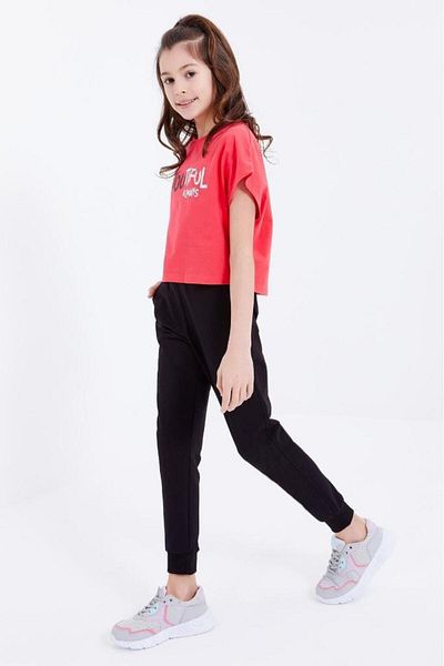 Çiggo Kids Pantaloni de trening pentru fete din bumbac cu nervuri cu buzunar simplu