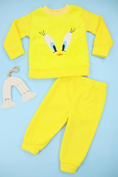Lindakids Tweety Nakışlı Welsoft Polar Sarı Civciv Desenli Kız Bebek Alt Üst Takım