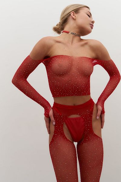 BUSEMSHE Rhinestone Off-The-Shoulder Mesh Top and High Garters Seductive Body Stocking
