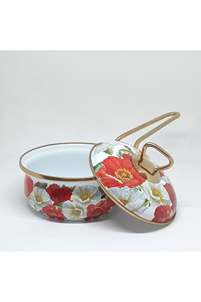 Avşar ENAMEL HOUSE 14 CM 900 ML RED FLOWER DECORED ENAMEL POT DRESSER