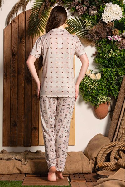 MEBA Women's Buttoned Front Cat Patterned Short Sleeve Bamboo Pajamas Set