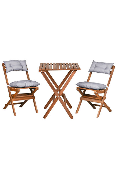 Bysay AHŞAP KATLANIR MİNDERLİ 3 lü BİSTRO SET MUTFAK BALKON BAHÇE MASA SANDALYE SETİ (CEVİZ-GRİ)