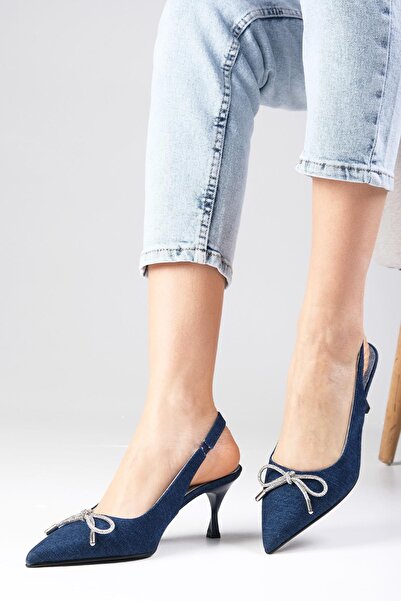 Mio Gusto Alexis Lacivert Renk Denim Kumaş Arkası Açık Taş Fiyonklu Kadın Topuklu Ayakkabı