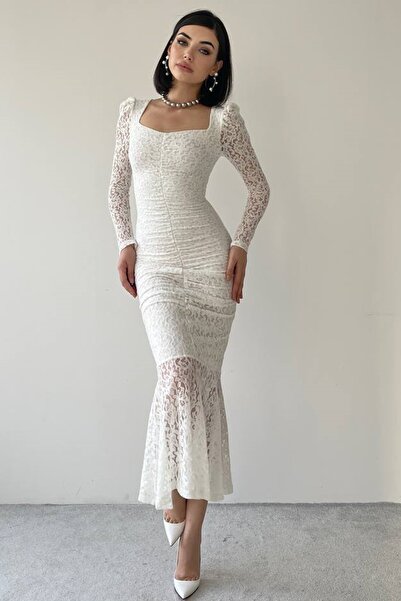 lovebox Rochie de seara midi, albă, cu mâneci și draperii din țesătură din dantelă pentru femei 215