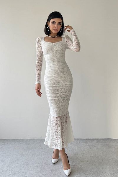 lovebox Damen-Abendkleid in Midilänge mit Spitzenstoff vorne und transparentem Design, weißes Kleid 215