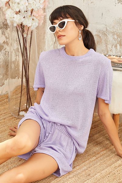 AVORWE Crew Neck Short Sleeve Knitwear Set with Boucle Yarn Shorts