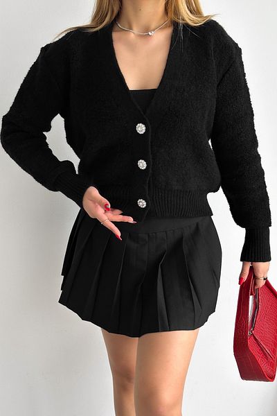 FEMELLE Cardigan de tricotaj cu nasturi, detaliat cu nasturi, negru, mărime standard