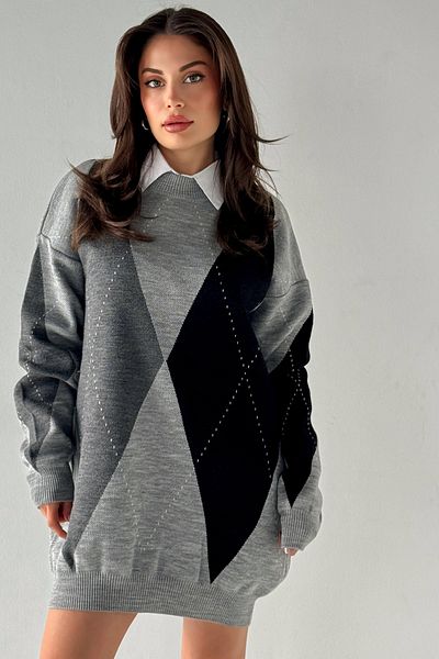 MODAGEN Grauer, langer, übergroßer Tunika-Pullover mit Rautenmuster für Damen