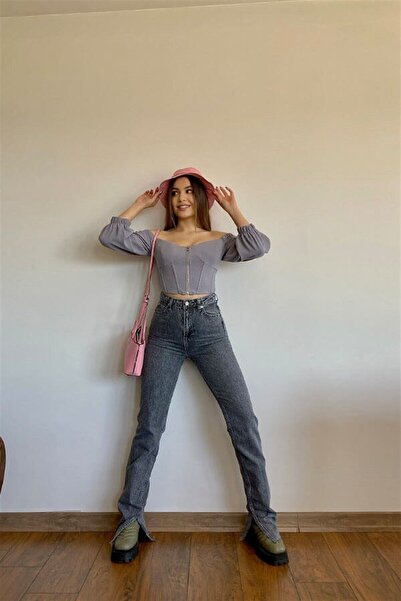 Geppetto Антрацитові джинси з високою талією, розрізом на штанині та прямим кроєм на блискавці