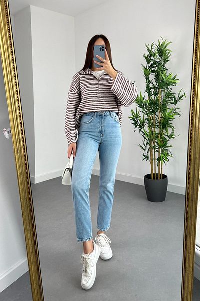 Geppetto Blugi cu talie înaltă Lycra Mona Blue - Femei Boyfriend Mom Jean