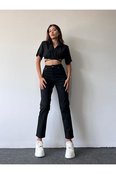 Geppetto Pantaloni de damă negri Mom Boyfriend cu talie înaltă de blugi