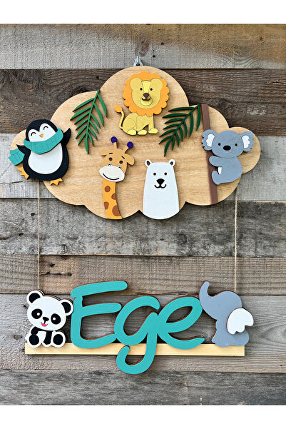 Baykuş Craft Mimarlık Özel Tasarım Hediyelik Bulut Safari Hayvanlı Bebek Ipli Ahşap Hastane Kapı Süsü