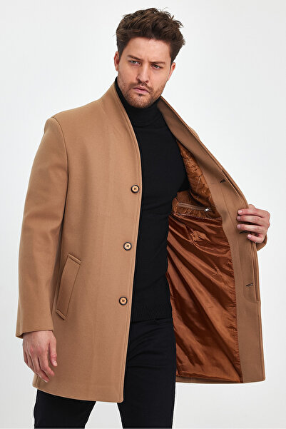 TREND KOMBİN Ανδρικό παλτό καφέ κασμίρ σε λεπτή εφαρμογή