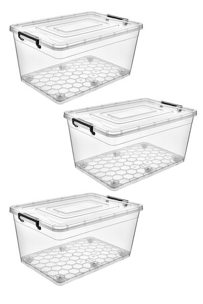 RNL04 3 Pieces 50 Liter Plastic Transparent Storage Box with Wheels - 1142 09_3