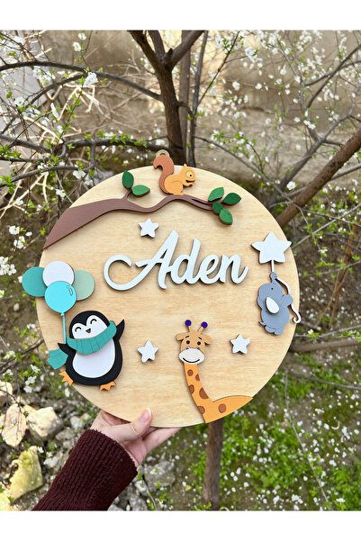 Baykuş Craft Mimarlık Özel Tasarım Hastane Hediyelik Daire Penguenli Zürafalı Filli Balonlu Bebek Ahşap Kapı Süsü