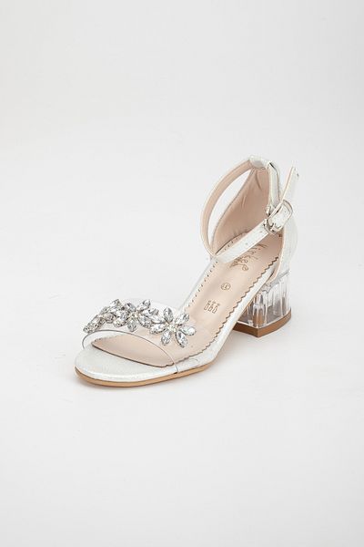 Sude Girl's Silver Transparent Stone Detailed Heeled Shoes