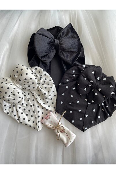 MASALBABY Kız Bebek Fiyonklu Saç Bonesi Seti Kadife Bone Ve Penye Bone / Yeni...