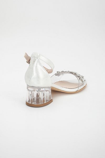 Sude Girl's Silver Transparent Stone Detailed Heeled Shoes