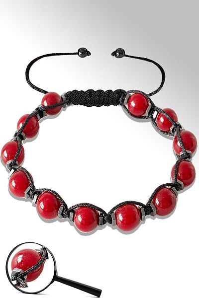 Tesbih Atölyesi Certified Macrame Hematite Flag Red Agate Stone Bracelet - Adjustable