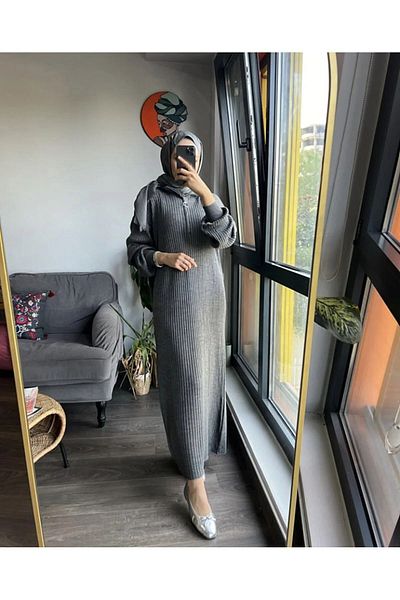MAXXANA Oversize Loose Cut Zipper Collar Ribbed Knitwear Hijab Dress