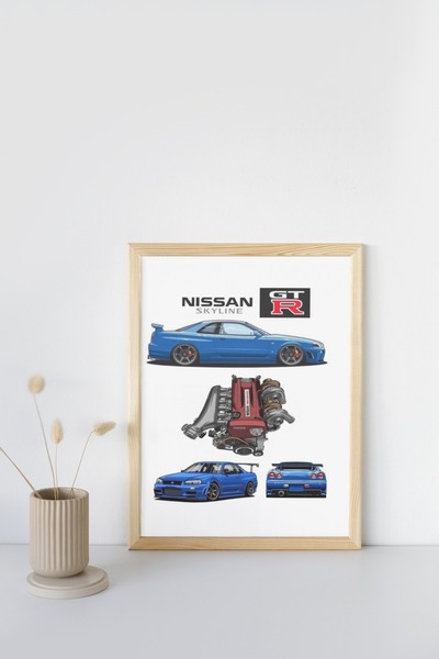caddehediye ÇERÇEVELİ DOĞAL Ahşap SKYLINE R34 GTR 2JZ TABLO AHŞAP Değiştirilebilir Görsel- ÇERÇEVE MODEL